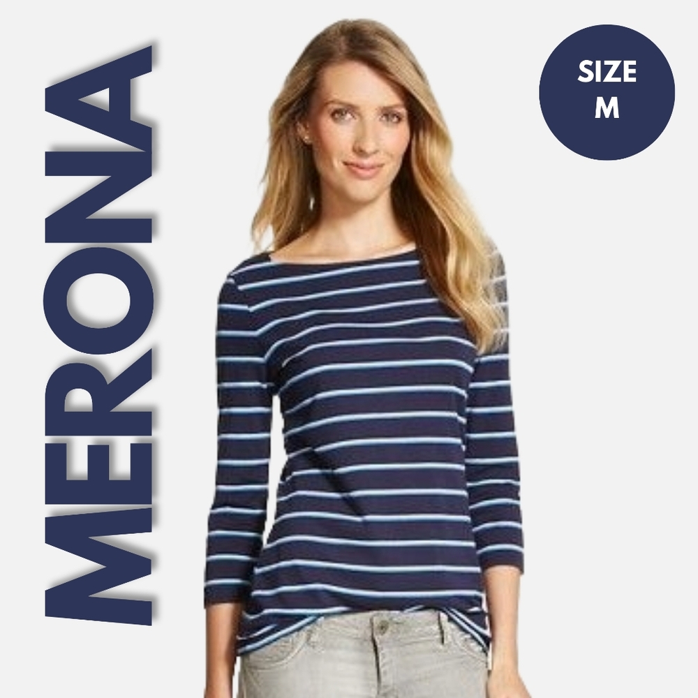 BOGO Merona 3/4 Sleeve Blue Striped Boatneck Top Size M